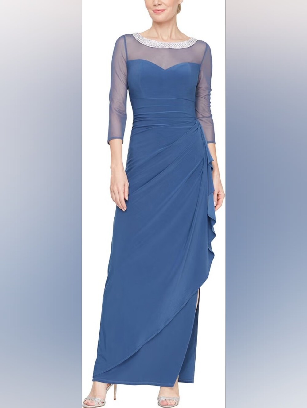 A. Evenings Womens Blue Long Matte Jersey Mom of Bride Dress Illusion Sleeve 10P